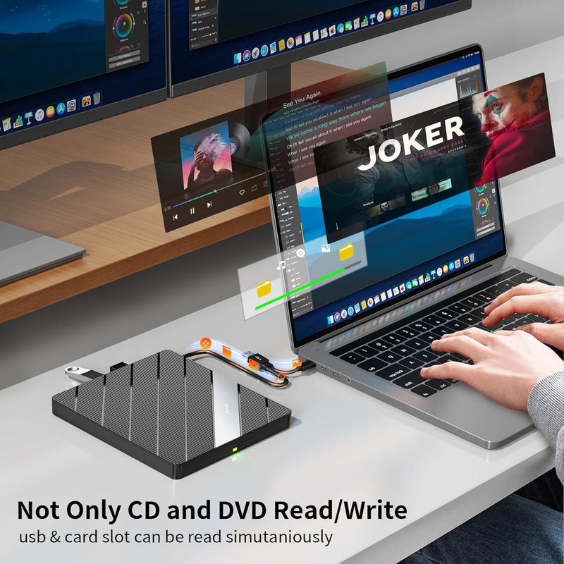 ALXUM External CD DVD Drive for Laptop, 8 in 1 Portable CD DVD Burner Rewriter with Multiple Ports Support Faster Transfer Speed CD 8X DVD 24x for Windows 11/10/8/7 MacOS and More - Image 5
